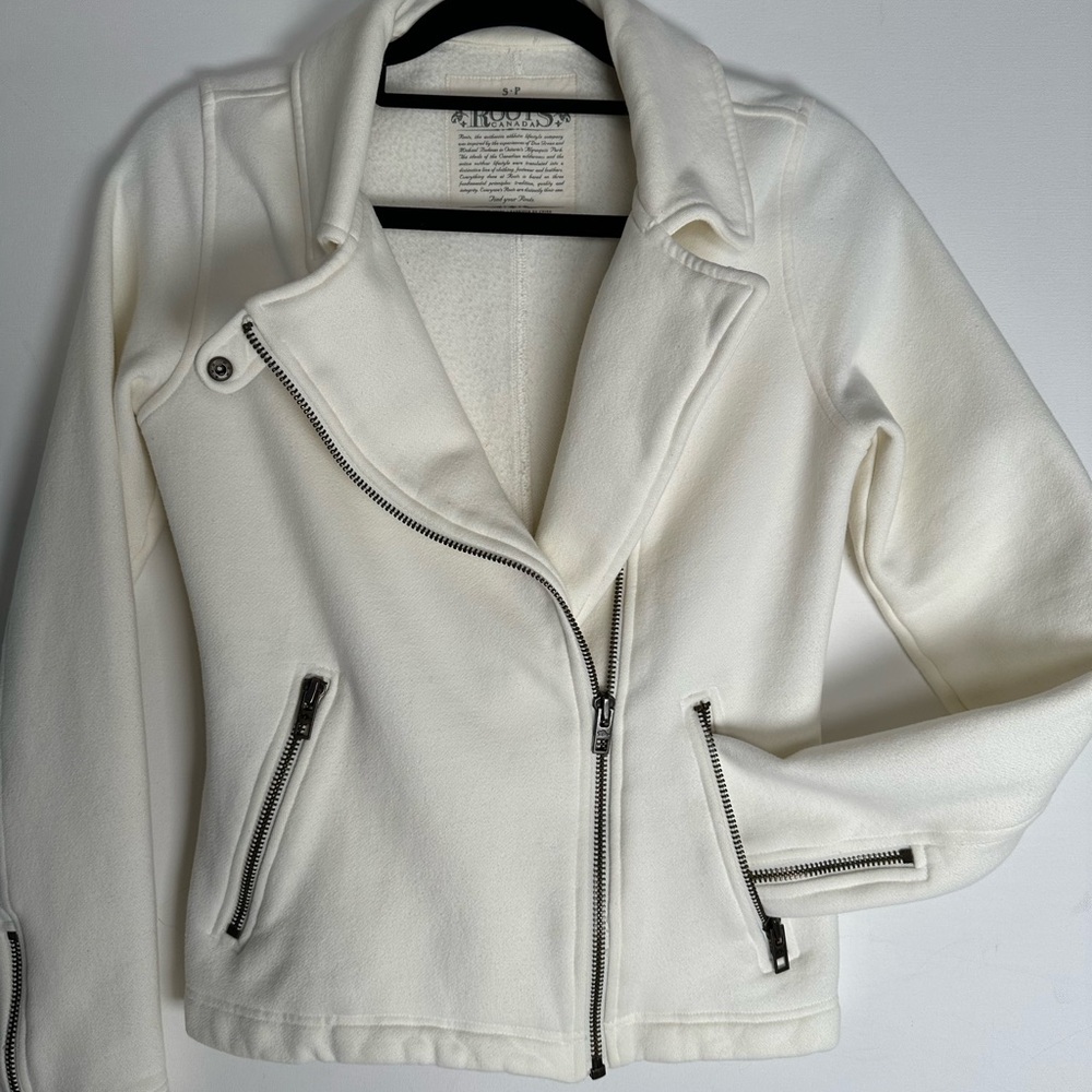 Roots White Moto Jacket, Cotton Knit, Cozy, XS